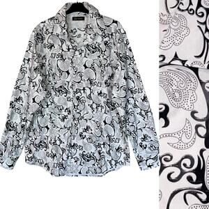 Button Up Shirt L Black White Scroll Print Italian Design Career Moderno Classic
